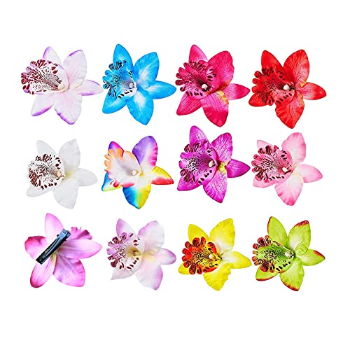 12 Stück böhmische Blumen-Haarnadeln, bunte hawaiianische Blumen, Orchidee, Blume, Krokodil-Haarspangen für Damen, Frauen, Mädchen, Brautschmuck, Hochzeit, Party, Strand, Haar-Accessoires von QUUPY