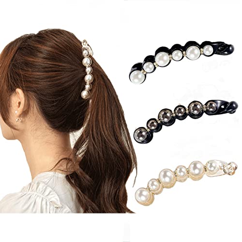 3 Stück Perlen-Bananen-Clips, künstliche Perlen, Strass, Haarspange, Pferdeschwanz-Halter, Bananen-Haarspangen, französische Haarspangen, Haar-Accessoires für Frauen und Mädchen, dickes feines Haar von QUUPY