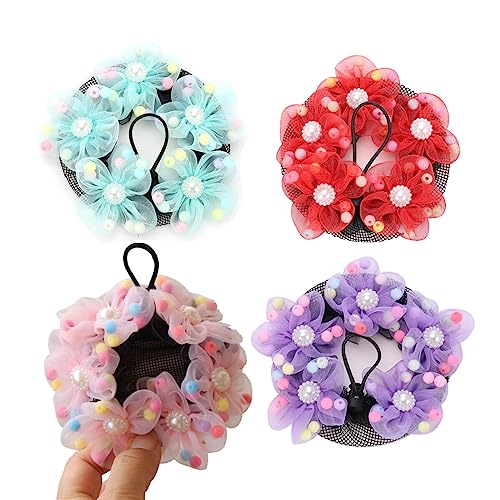 QUUPY 4 Stück helle Farbe Mädchen Ballett Dutt Abdeckungen Mesh String Bobbles Elastisches Band Haarnetze Dance Snood Haarnetz Zubehör für Tänzer Skaten Gymnastik Performance Tänzer Haarzubehör von QUUPY