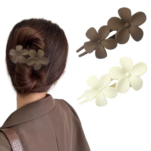 Haarspangen mit Blumenmotiv, matt, Zubehör für Damen und Mädchen, dickes Haar (Weiß + Kaffee), 2 Stück von QUUPY