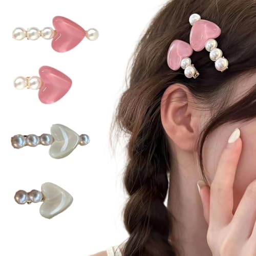 Perlen-Herz-Haarspangen, Krokodilklemme, Liebeshaar-Accessoires für Damen und Mädchen (weiß + rosa), 4 Stück von QUUPY