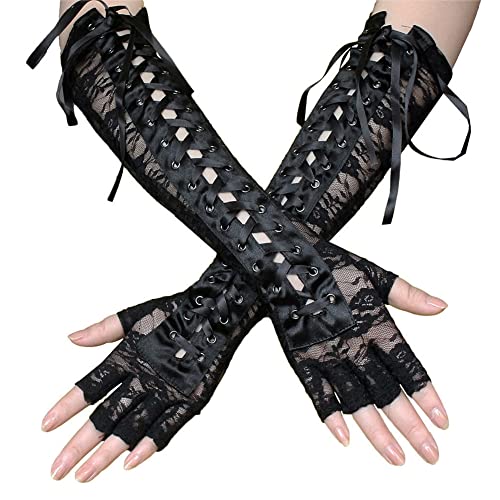 QUUPY 1 Paar Spitzenhandschuhe Lange Handschuhe Punk Handschuhe Ellenbogen Länge Schnürung Flirten Handschuhe Frauen Sexy Handschuhe für Halloween Party Kostüm Zubehör Abend Party (Schwarz), Schwarz von QUUPY