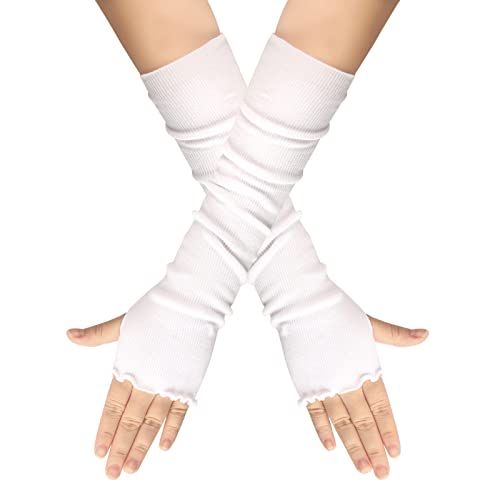 QUUPY 1 Paar klassische schwarze Mode Lotus Blatt Handschuhe Stretch fingerlose lange Handschuhe Ellenbogen Daumenloch Beinlinge Winter Herbst Ärmel Arm für Frauen Mädchen, weiß, von QUUPY