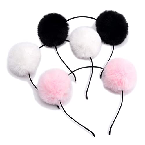 QUUPY 3 Stück Plüsch-Pompon-Stirnbänder, Haarreifen, Kopfbedeckung, Haarbänder, Kostüm, Haar-Accessoires für Geburtstagsparty, Halloween, Weihnachten (schwarz + weiß + rosa) von QUUPY