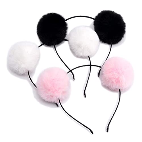 QUUPY 3 x Plüsch-Bommel-Stirnbänder, Haarreifen, Kopfbedeckung, Haarbänder, Kostüm-Haarschmuck für Geburtstagsparty, Halloween, Weihnachten (schwarz + weiß + rosa) von QUUPY