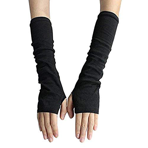 QUUPY Damen-Handschuhe, lang, fingerlos, gestrickt, Armwärmer, Daumenloch, dehnbar, Schwarz von QUUPY