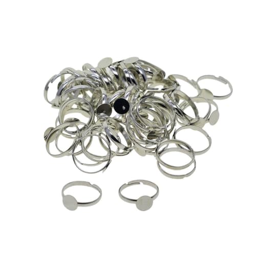 QUXVUIS Bündel mit 100 verstellbaren silbernen Messing Rohlingsringen mit 8 mm runder Lünette für einzigartige handgefertigte Designs von QUXVUIS
