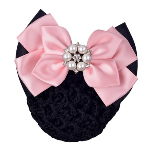 QUXVUIS Frauen Haarknoten Abdeckungsnetz Perle Snood Tüll Haarnetz Schleife Haarspange Clip Satin Kopfbedeckung für Krankenschwester Bankangestellter, Hell Pink von QUXVUIS