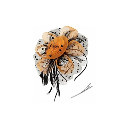 QUXVUIS Vintage Frauen Plume Fascinator Mesh Schleier Stirnband Clip Kopfschmuck Haarstyling Zubehör Headwear Club Kirche, Schwarz+Orange von QUXVUIS