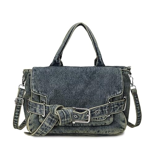 QUYBSGWJ Für Frauen Retro Casual Gewaschene Gürtelschnallen Niedliche Denim Schulter Geldbörsen Geldbörsen Und Handtaschen,Blau,34 * 10 * 22 cm von QUYBSGWJ