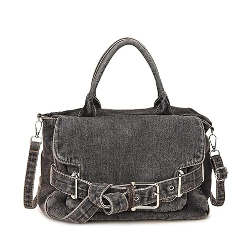 QUYBSGWJ Für Frauen Retro Casual Gewaschene Gürtelschnallen Niedliche Denim Schulter Geldbörsen Geldbörsen Und Handtaschen,Schwarz,34 * 10 * 22 cm von QUYBSGWJ