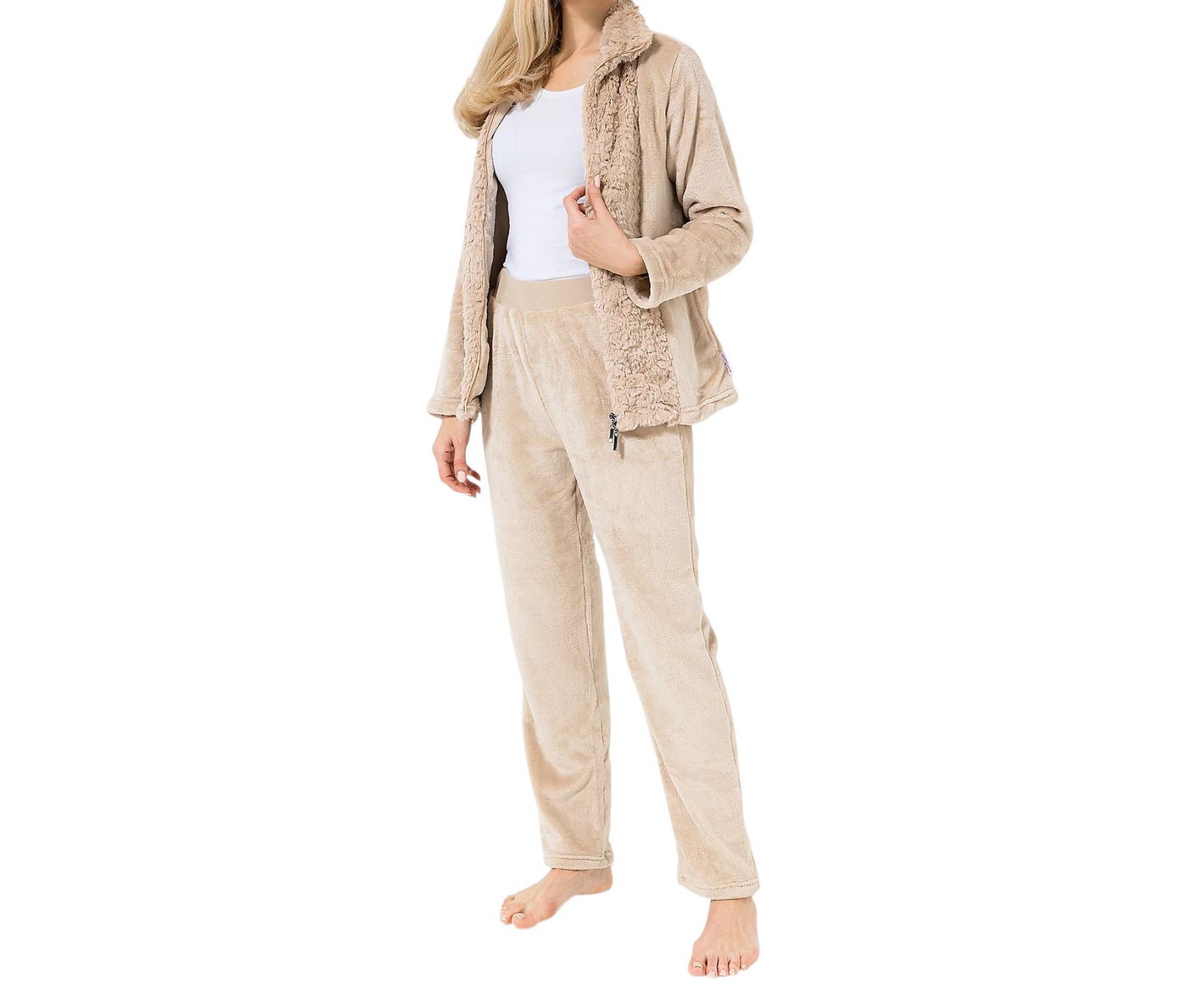 QVC Hausanzug Damen-Hausanzug uni mit Fellbesatz Mikrofaser Chinchilla Stehkragen von QVC