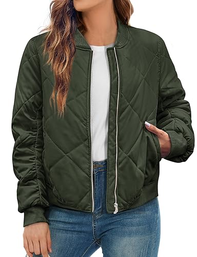 QVESELU Damen Diamant Steppjacken Leichte Reißverschluss Damen Herbst Winter Raglan Bomberjacke Mantel mit Taschen, Grün (Army Green), S von QVESELU