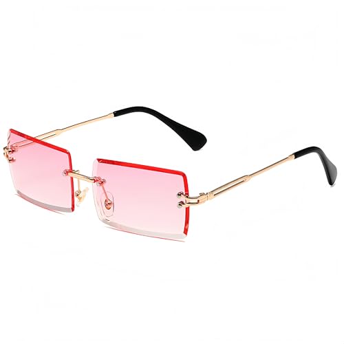 QVKUUT Klassische randlose rechteckige Sonnenbrille für Damen Herren,UV400 Schutz (Gold/Rosa) von QVKUUT
