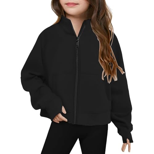 QVNXVO Hoodie Mädchen Ohne Kapuze Frühling Winter Freizeit Langarm Warm Einfarbiges Sweatshirt mit Reißverschluss Lockeres Hoodie Kinder Strickjacke mit Tasche von QVNXVO