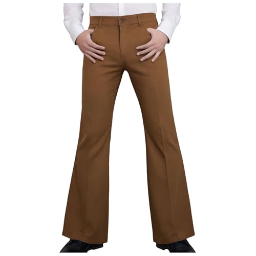 QVNXVO Schlaghose Herren 70er Jahre mit Taschen Einfarbig Lang Chino Hose Freizeithose Herren Hohe Elastizität Weites Bein Karneval Disco Schlaghosen 80er Jahre Outfit Vintage Anzughose (XA Braun,L) von QVNXVO