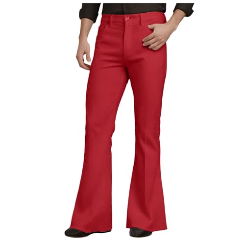 QVNXVO Schlaghose Herren 70er mit Taschen Einfarbig Lang Outdoor Freizeithose Herren Hohe Elastizität Weites Bein Karneval Disco Schlaghosen 80er Jahre Outfit Karneval Kostüm (Rot,L) von QVNXVO