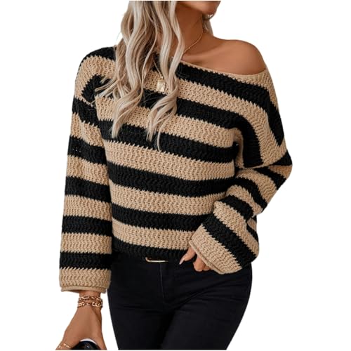 QVVFRED Damenpullover Langarm Frauenpulloverstreifen Streifen EIN Nackenpullover Herbst Und Winter Lässiger Loser Strickpullover-Khaki-L von QVVFRED