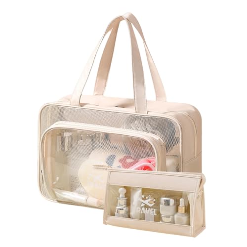 Reise-Kulturtasche, Kulturbeutel, transparente Kosmetiktasche, PVC-Make-up-Taschen mit Nass-/Trocken-Trennung | Make-up-Taschen-Organizer, Reise-Make-up-Kosmetiktasche, transparent(Beige) von QWFVHJ
