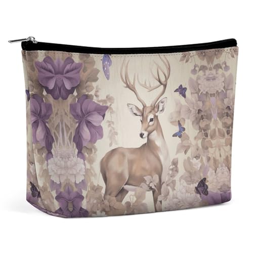 QWHJK Reise-Kosmetiktasche, Hirschvögel mit Blumendruck, einfache Kosmetiktasche, Kosmetiktasche für Geldbörse, Hirschvögel mit Blumen, Einheitsgröße, Hirschvögel mit Blumen, Einheitsgröße von QWHJK