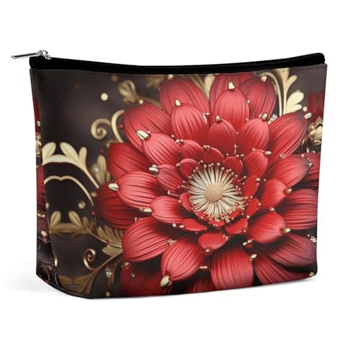 QWHJK Reise-Kosmetiktasche, rotgoldener Blumendruck, Hand-Kosmetiktasche, einfache Kosmetiktasche, Kosmetiktasche für Geldbörse, rotgoldene Blume, Einheitsgröße, Rotgoldene Blume, Einheitsgröße von QWHJK