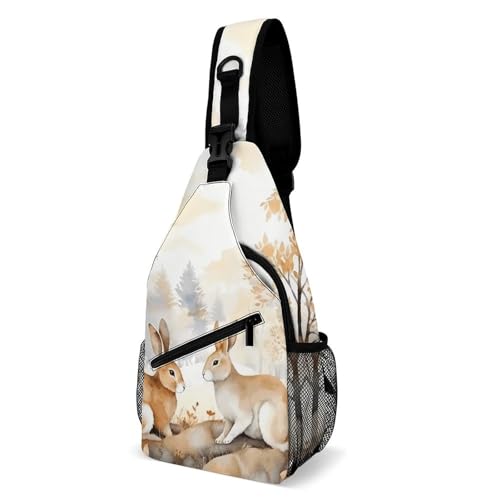 Brusttasche Hase im Wald Schultertasche für Herren, Crossbody-Tasche, Bauchtaschen für Damen, Sling-Rucksack für Reisen, weiß, 20,3 x 10,2 x 38,1 cm, weiß, 8x4x15 Inches von QWJKM