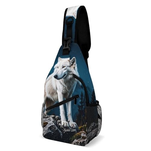 Brusttasche "The White Wolf in The Misty" für Herren, Crossbody-Tasche, Bauchtaschen für Damen, Schulterrucksack für Reisen, weiß, 20,3 x 10,2 x 38,1 cm, weiß, 8x4x15 Inches von QWJKM