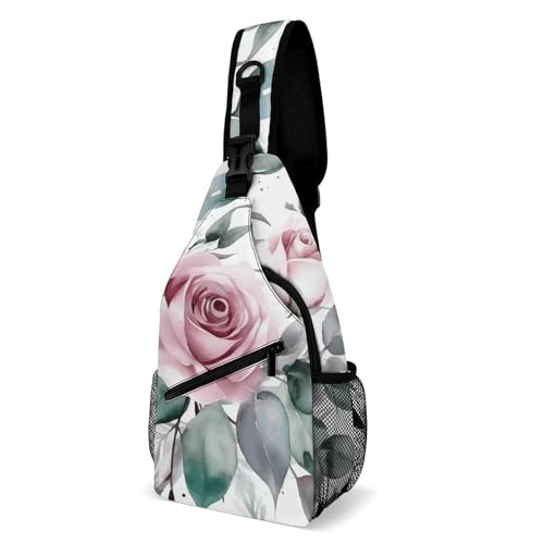 Brusttasche für Herren, Pfirsichrosen und Blätter, Crossbody-Tasche, Bauchtaschen für Damen, Sling-Rucksack für Reisen, weiß, 20,3 x 10,2 x 38,1 cm, weiß, 8x4x15 Inches von QWJKM