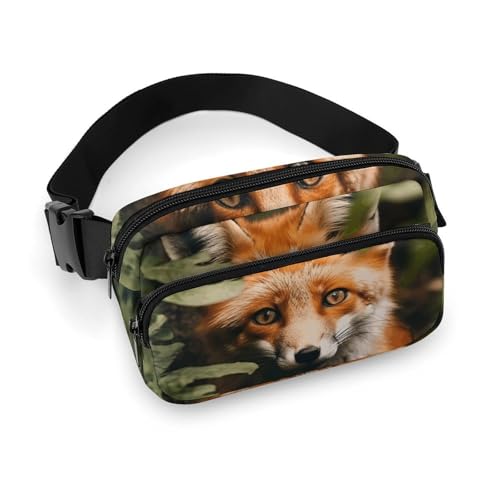Crossbody-Gürteltasche für Damen und Herren, Fuchs hinter dem Baum, Sportgürteltasche, große Hüfttasche mit verstellbarem Riemen, modische Hüfttasche für Workout, Laufen, Reisen, weiß, 20 x 13 cm, von QWJKM