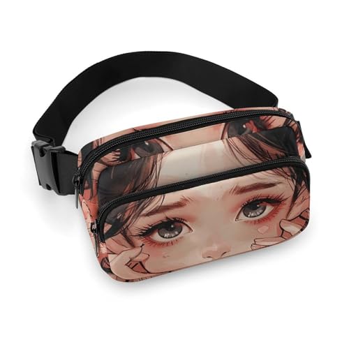 Crossbody-Gürteltasche für Damen und Herren, Katzenohren mit großen Augen, Sportgürteltasche, große Hüfttasche mit verstellbarem Riemen, modische Hüfttasche für Workout, Laufen, Reisen, weiß, 20 x 13 von QWJKM