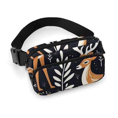 Crossbody-Gürteltasche für Damen und Herren, braunes Hirschmuster, Sportgürteltasche, große Hüfttasche mit verstellbarem Riemen, modische Hüfttasche für Workout, Laufen, Reisen, weiß, 20 x 13 cm, von QWJKM