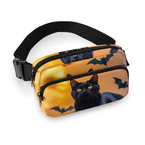 Crossbody-Gürteltasche für Damen und Herren, die schwarze Katze geht auf dem Dach, Hüfttasche, Sportgürteltasche, große Hüfttasche mit verstellbarem Riemen, modische Hüfttasche für Workout, Laufen, von QWJKM