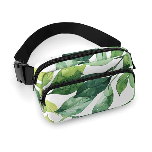 Crossbody-Gürteltasche für Damen und Herren, grüne Blätter, Sportgürteltasche, große Hüfttasche mit verstellbarem Riemen, modische Hüfttasche für Workout, Laufen, Reisen, weiß, 20 x 13 cm, weiß, von QWJKM