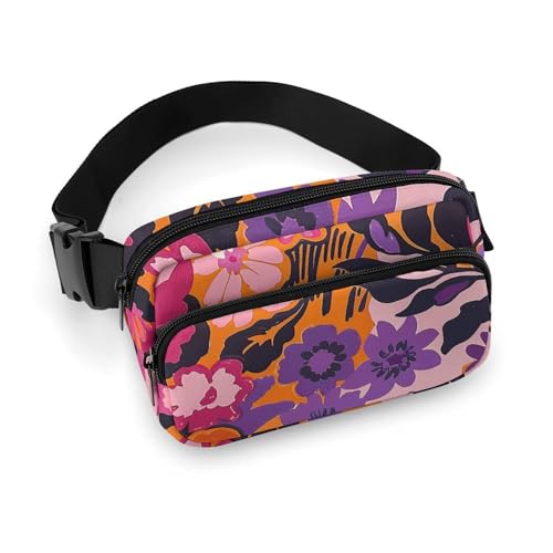 Crossbody-Gürteltasche für Damen und Herren, pfirsichfarben und violette Blumen, Sportgürteltasche, große Hüfttasche mit verstellbarem Riemen, modische Hüfttasche für Workout, Laufen, Reisen, weiß, 20 von QWJKM