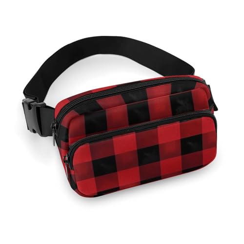 Crossbody-Gürteltasche für Damen und Herren, rot-schwarz, Büffelkaro, kariert, Sportgürteltasche, große Hüfttasche mit verstellbarem Riemen, modische Hüfttasche für Workout, Laufen, Reisen, weiß, 20 x Crossbody-Gürteltasche für Damen und Herren, rot-schwarz, Büffelkaro, kariert, Sportgürteltasche, große Hüfttasche mit verstellbarem Riemen, modische Hüfttasche für Workout, Laufen, Reisen, weiß, 20 x von QWJKM