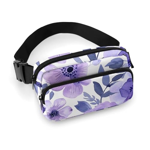 Crossbody-Gürteltasche für Damen und Herren, violettes Blumenmuster, Sportgürteltasche, große Hüfttasche mit verstellbarem Riemen, modische Hüfttasche für Workout, Laufen, Reisen, weiß, 20 x 13 cm, von QWJKM