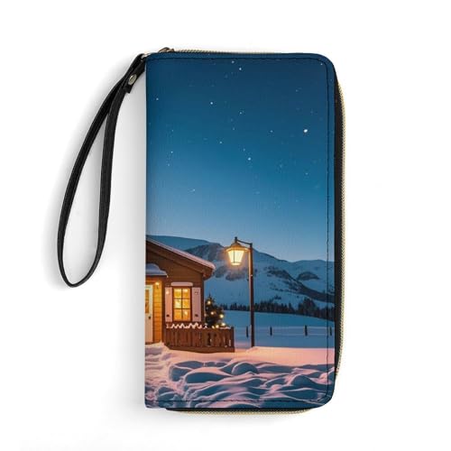 Geldbörse aus Leder für Herren und Damen, Motiv: Weihnachten im Eis und Schnee, schmal, vertikal, lange Geldbörse mit Reißverschluss, Kartenhalter, weiß, 19,7 x 10,5 cm, weiß, 19.7x10.5cm von QWJKM