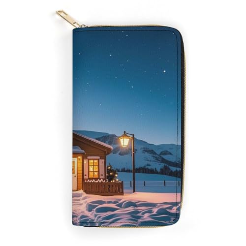 Geldbörse aus Leder für Herren und Damen, Motiv: Weihnachten im Eis und Schnee, schmal, vertikal, lange Geldbörse mit Reißverschluss, Kartenhalter, weiß, 19,7 x 10,5 cm, weiß, 19.7x10.5cm von QWJKM