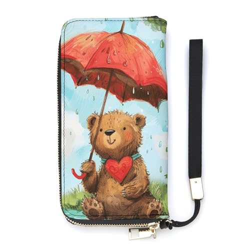 QWJKM Bear Holding Umbrella Leather Wallet for Men Women Slim Vertical Purse Long Wallet with Zipper Card Holder, white, 20x10.5cm, weiß, 20x10.5cm von QWJKM