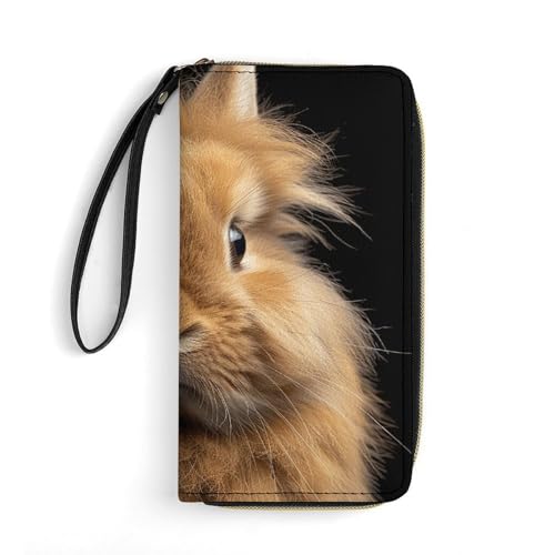 QWJKM Braune Geldbörse aus Leder mit Zwergkaninchen für Herren und Damen, schmal, vertikal, lange Geldbörse mit Reißverschluss, Kartenhalter, weiß, 19,7 x 10,5 cm, weiß, 19.7x10.5cm von QWJKM