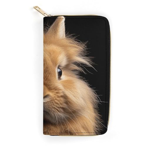 QWJKM Braune Geldbörse aus Leder mit Zwergkaninchen für Herren und Damen, schmal, vertikal, lange Geldbörse mit Reißverschluss, Kartenhalter, weiß, 19,7 x 10,5 cm, weiß, 19.7x10.5cm von QWJKM