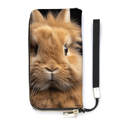 QWJKM Braune Geldbörse aus Leder mit Zwergkaninchen für Herren und Damen, schmal, vertikal, lange Geldbörse mit Reißverschluss, Kartenhalter, weiß, 20 x 10,5 cm, weiß, 20x10.5cm von QWJKM