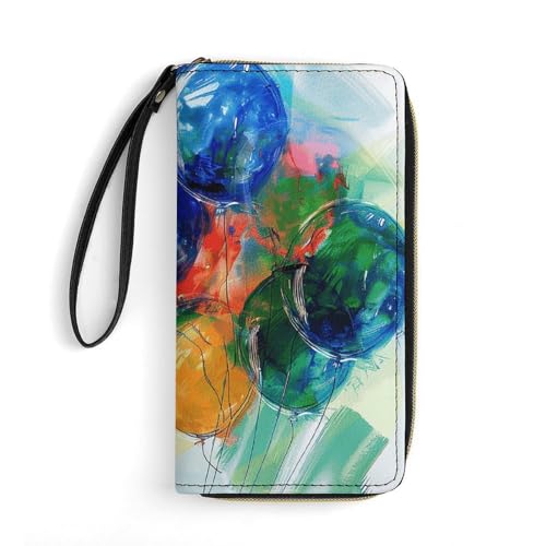 QWJKM Bunte Geldbörse aus Leder mit Ballonmalerei, für Herren und Damen, schmal, vertikal, lange Geldbörse mit Reißverschluss, Kartenhalter, weiß, 19,7 x 10,5 cm, weiß, 19.7x10.5cm von QWJKM