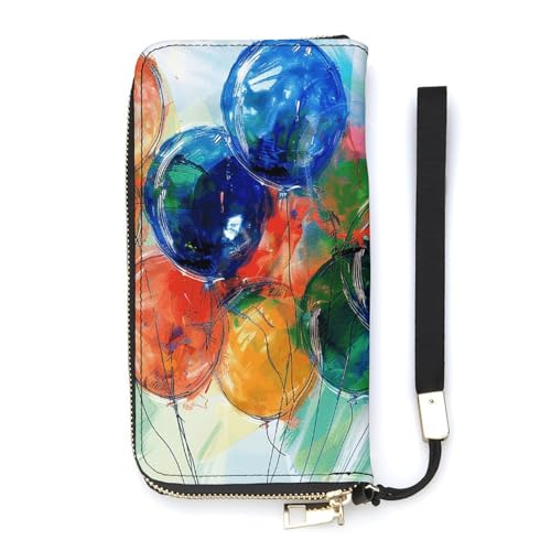 QWJKM Bunte Geldbörse aus Leder mit Ballonmalerei, für Herren und Damen, schmal, vertikal, lange Geldbörse mit Reißverschluss, Kartenhalter, weiß, 20 x 10,5 cm, weiß, 20x10.5cm von QWJKM