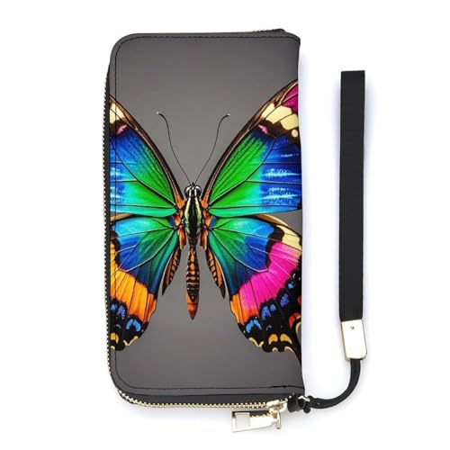 QWJKM Bunte Geldbörse aus Leder mit großem Schmetterling, für Herren und Damen, schmal, vertikal, lange Geldbörse mit Reißverschluss, Kartenhalter, weiß, 20 x 10,5 cm, weiß, 20x10.5cm von QWJKM