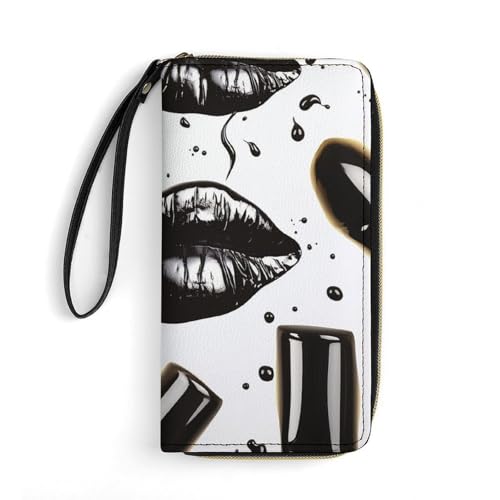 QWJKM Coole schwarze Lippenstift-Lippen-Ledergeldbörse für Herren und Damen, schmale vertikale Geldbörse, lange Geldbörse mit Reißverschluss, Kartenhalter, weiß, 19,7 x 10,5 cm, weiß, 19.7x10.5cm von QWJKM