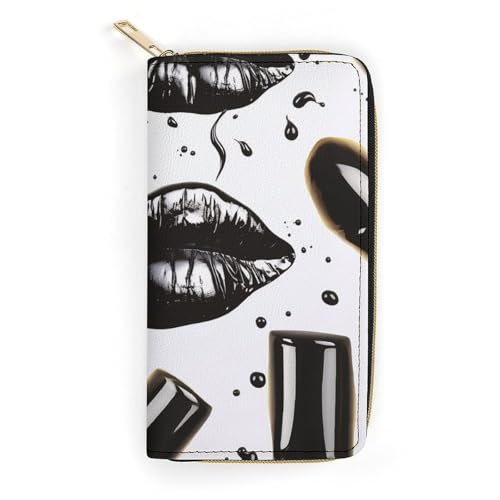 QWJKM Coole schwarze Lippenstift-Lippen-Ledergeldbörse für Herren und Damen, schmale vertikale Geldbörse, lange Geldbörse mit Reißverschluss, Kartenhalter, weiß, 19,7 x 10,5 cm, weiß, 19.7x10.5cm von QWJKM