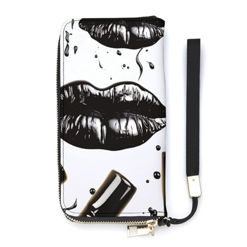QWJKM Coole schwarze Lippenstift-Lippen-Ledergeldbörse für Herren und Damen, schmale vertikale Geldbörse, lange Geldbörse mit Reißverschluss, Kartenhalter, weiß, 20 x 10,5 cm, weiß, 20x10.5cm von QWJKM
