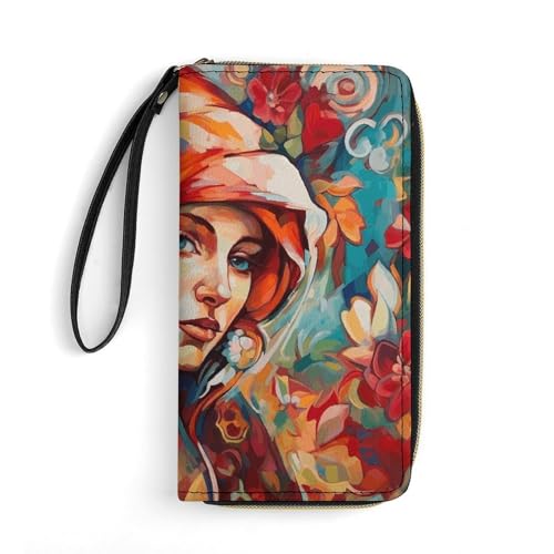 QWJKM Damen-Geldbörse mit rotem Kopftuch, Leder, schmal, vertikal, lange Geldbörse mit Reißverschluss, Kartenhalter, weiß, 19,7 x 10,5 cm, weiß, 19.7x10.5cm von QWJKM