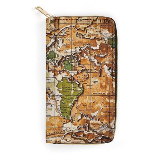 QWJKM Eine abgenutzte Weltkarten-Geldbörse aus Leder für Herren und Damen, schmal, vertikal, lange Geldbörse mit Reißverschluss, Kartenhalter, weiß, 19,7 x 10,5 cm, weiß, 19.7x10.5cm von QWJKM